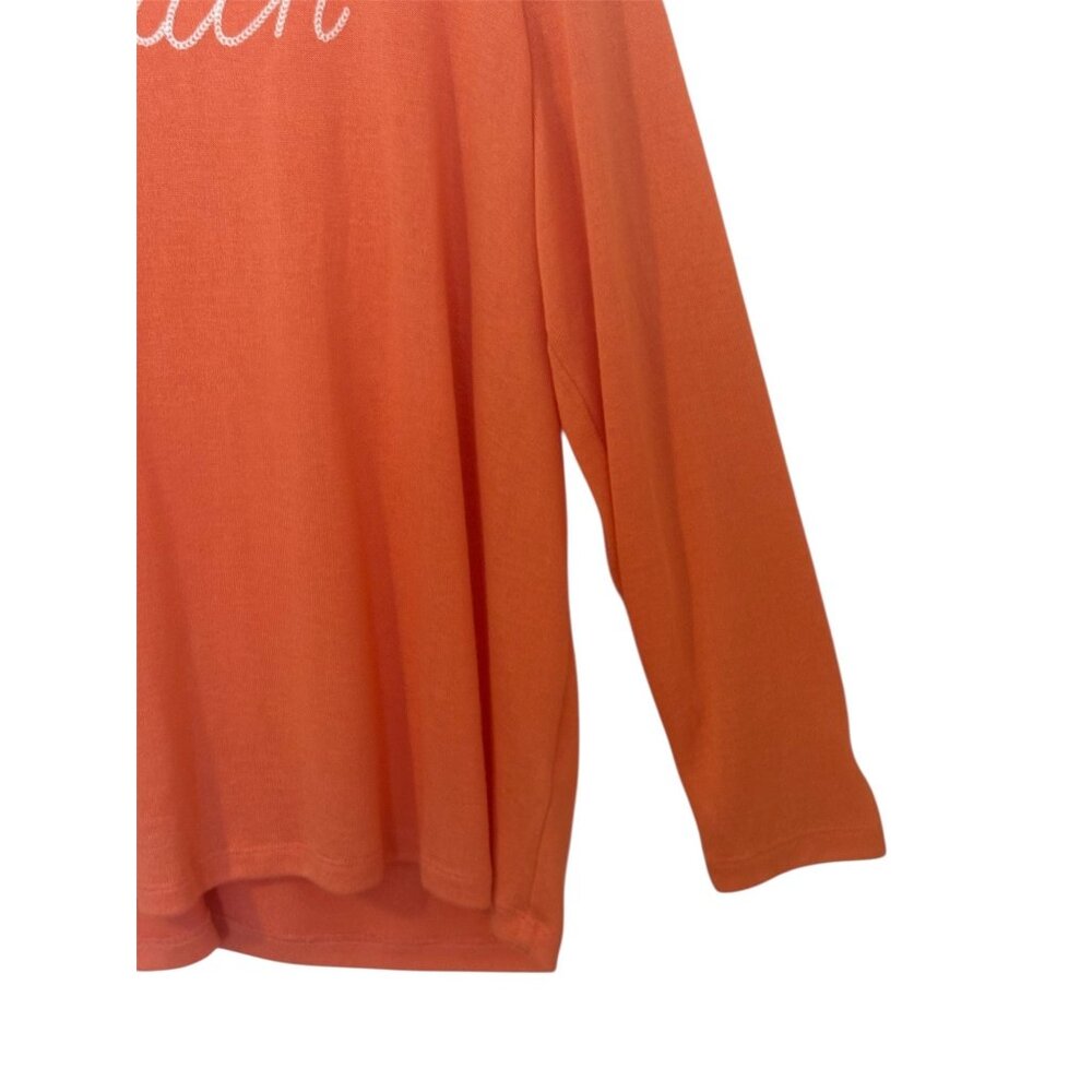 Belle Beach Kim Gravel Coral Orange Long Sleeve Embroidered "Beach" Pullover Top - Picture 2 of 7